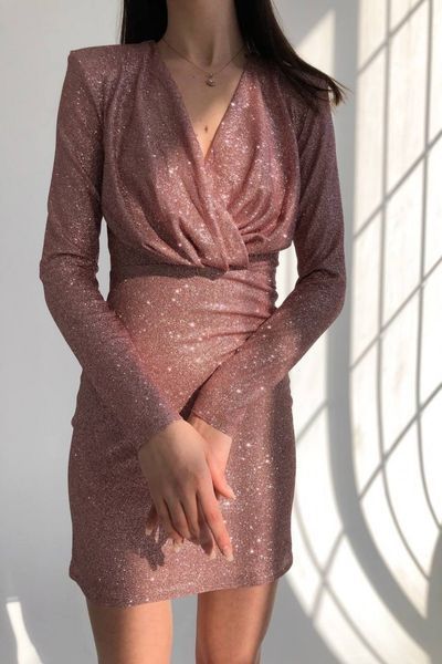 Short Rose Gold Long Sleeve V-Neck Pencil Dress (S, rose gold)