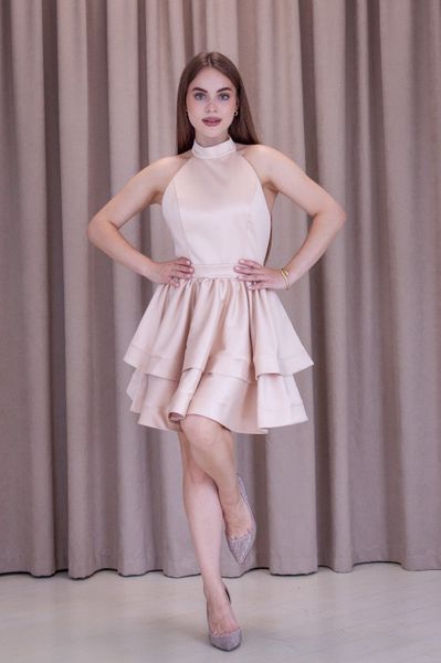 Нарядна атласна коротка бежева сукня (S, Бежевий) BEZ-40-462-905 фото