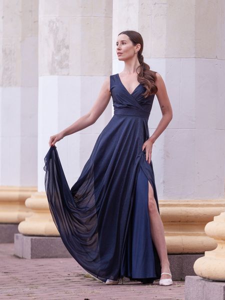 Navy Blue Maxi Evening Dress with V-Neck and Side Slit (XS, blue)