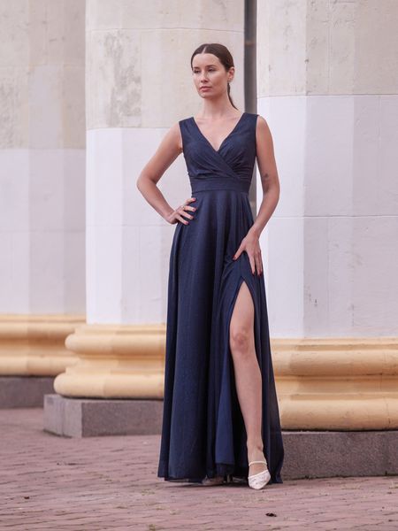 Navy Blue Maxi Evening Dress with V-Neck and Side Slit (XS, blue)