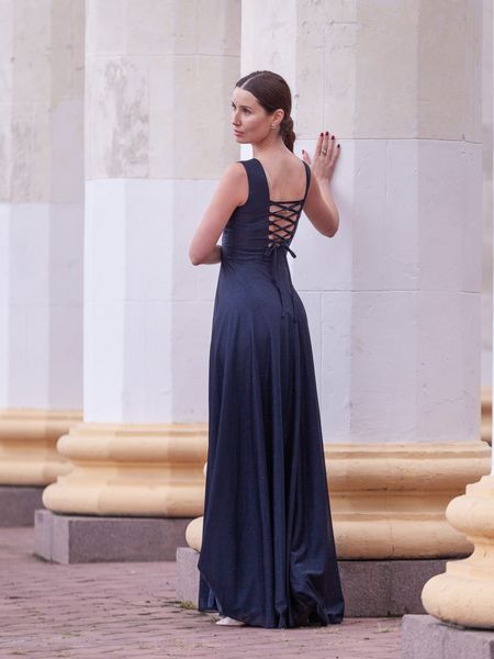 Navy Blue Maxi Evening Dress with V-Neck and Side Slit (XS, blue)