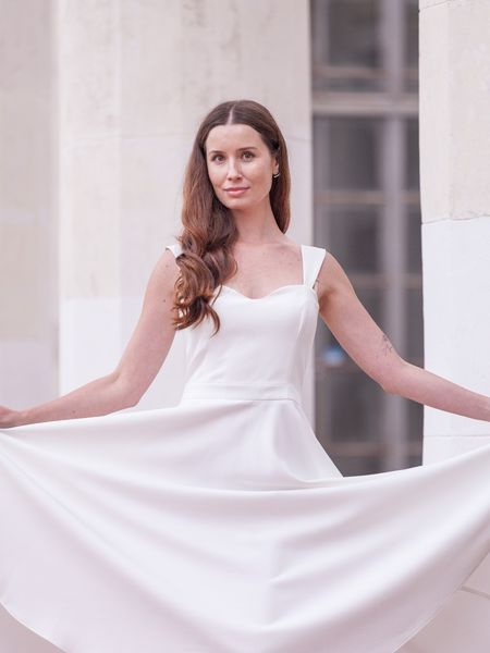 White midi cocktail dress with straps (L, white)
