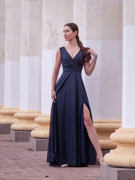 Navy Blue Maxi Evening Dress with V-Neck and Side Slit (XS, blue)
