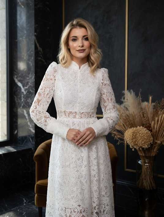 white midi dress with sleeves formal Lara 51076 Gloria Long Sleeve Beaded Midi Dress Ivory / 2