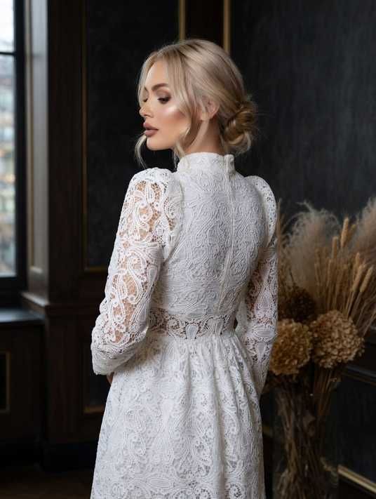 long sleeve white lace midi dress Hollow Lace Long Sleeve Midi Dress | Fashion and Elegant