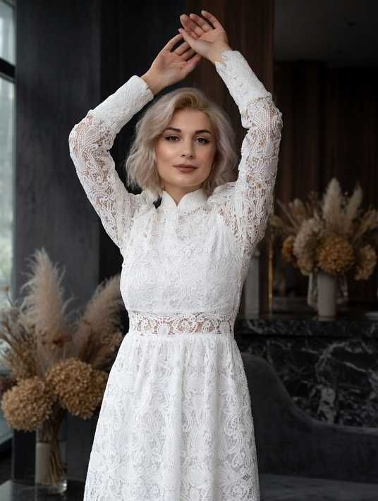 white lace long sleeve midi dress White Lace Cocktail Midi Dress with Long Lace Sleeves (S, white)