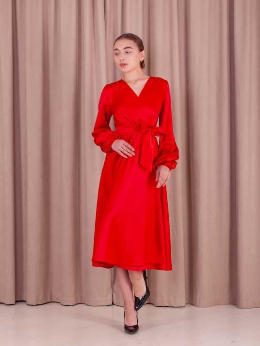 Red Cocktail Midi Dress with Long Sleeves