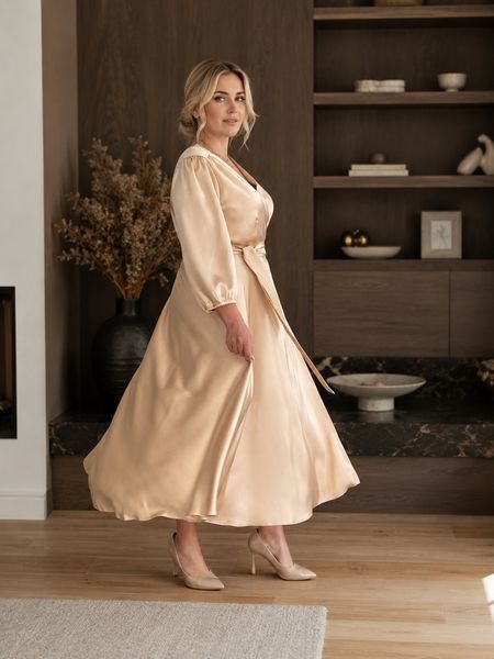 Beige Silk Wrap Midi Dress with 3/4 Sleeves (XL/XXL, beige)