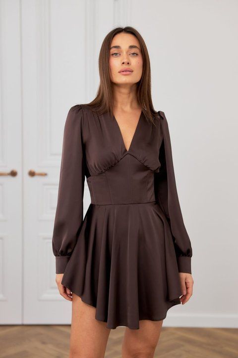 A-line V-Neck Chocolate Party Mini Dress with Long Sleeves (XL, chocolate)