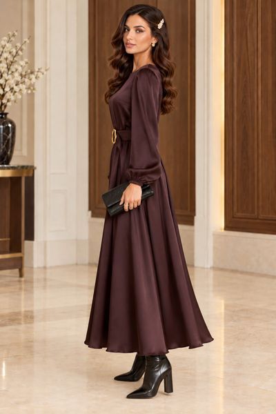 Brown silk long-sleeved midi dress (M, brown)