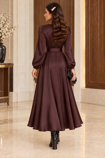 Brown silk long-sleeved midi dress (M, brown)