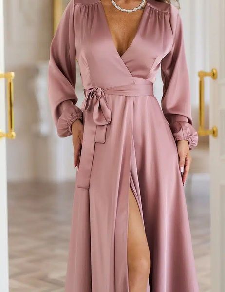 Pink color V-Neck Satin Maxi Wrap Dress with Long Sleeves (L, pink)