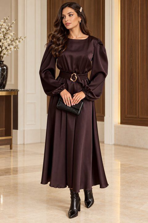 Brown silk long-sleeved midi dress (M, brown)