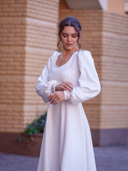 Elegant White Long Sleeve A-line Cocktail Midi Dress (M, white)