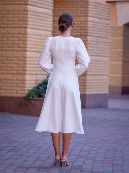 Elegant White Long Sleeve A-line Cocktail Midi Dress (M, white)