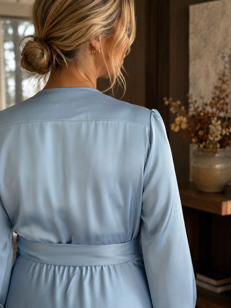 Light Blue Silk Wrap Midi Dress with Long Sleeves (L/XL, light blue)