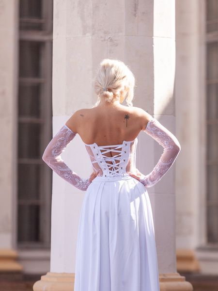 White floor-length corset dress: lace corset with cups and satin skirt (M, white)