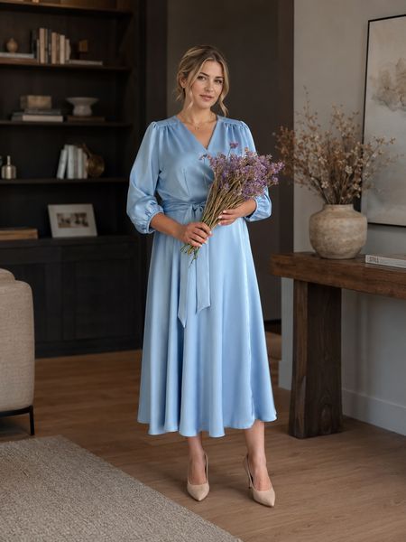 Light Blue Silk Wrap Midi Dress with Long Sleeves (L/XL, light blue)
