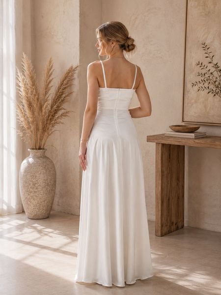 Formal White Satin Floor-Length Dress (M, white)
