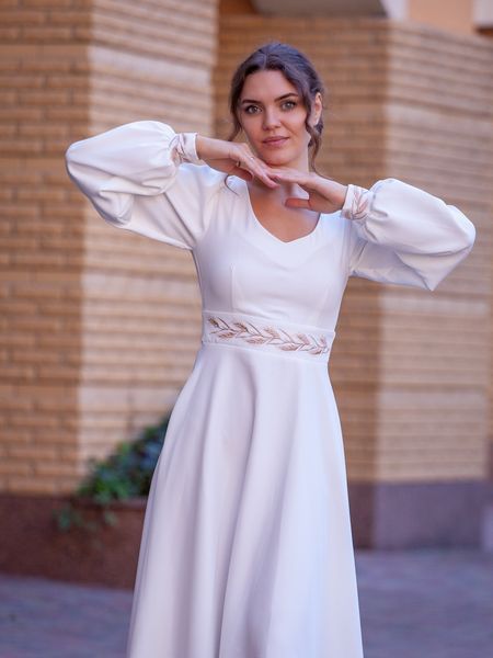 Elegant White Long Sleeve A-line Cocktail Midi Dress (M, white)