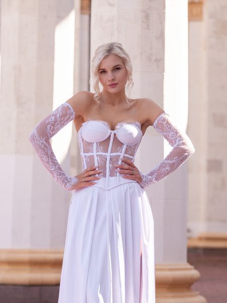 White floor-length corset dress: lace corset with cups and satin skirt (M, white)