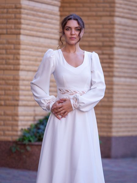Elegant White Long Sleeve A-line Cocktail Midi Dress (M, white)