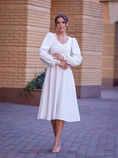 Elegant White Long Sleeve A-line Cocktail Midi Dress (M, white)