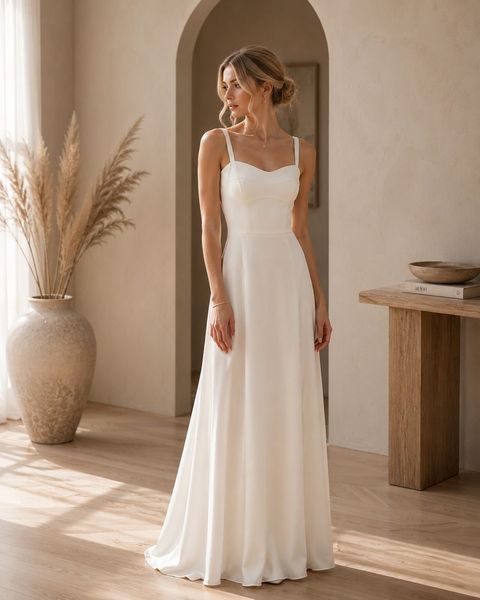 Formal White Satin Floor-Length Dress (M, white)