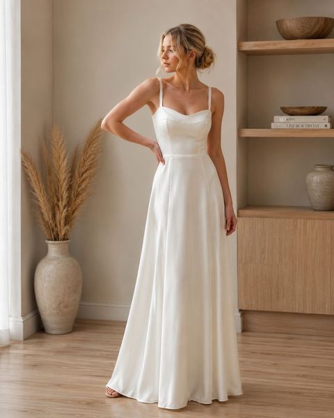 Formal White Satin Floor-Length Dress (M, white)