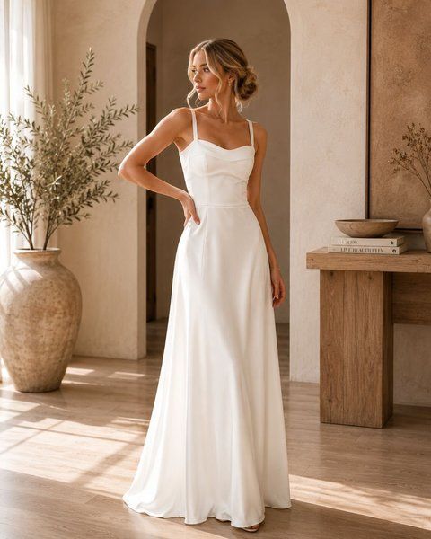 Formal White Satin Floor-Length Dress (M, white)