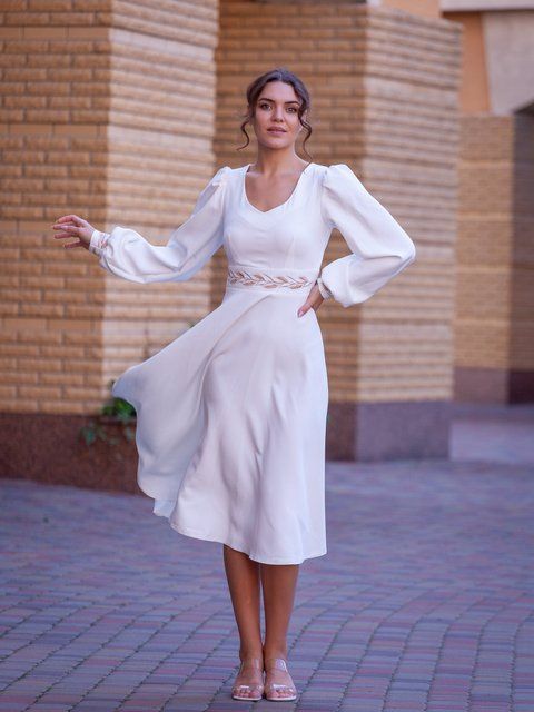Elegant White Long Sleeve A-line Cocktail Midi Dress (M, white)
