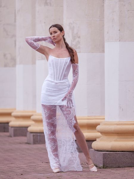 White Corset Dress with Lace Skirt and Gloves (XS, white)