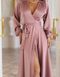 Pink color V-Neck Satin Maxi Wrap Dress with Long Sleeves (XXL, pink)