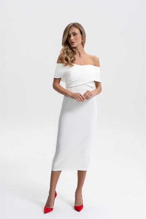 White Sleeveless Off-Shoulder Midi Bodycon Dress (M, white)