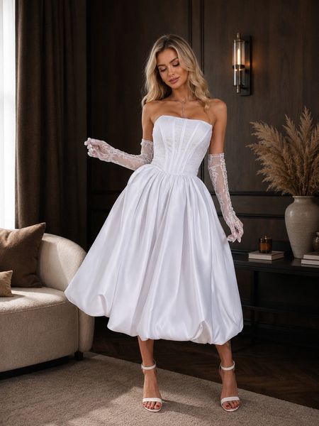 White midi dress: lace corset and satin full skirt (XS, white)