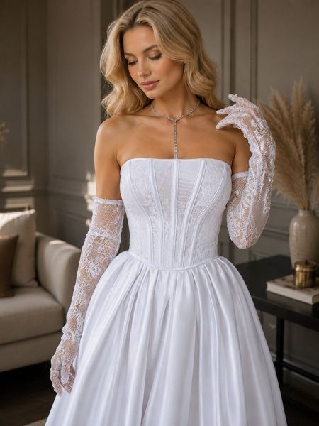 White midi dress: lace corset and satin full skirt (XS, white)