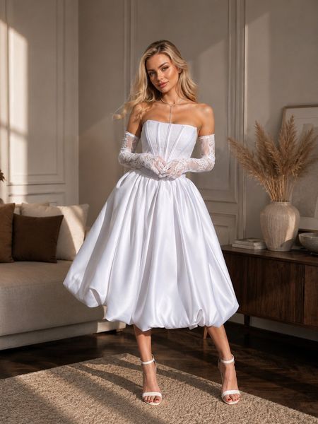 White midi dress: lace corset and satin full skirt (XS, white)