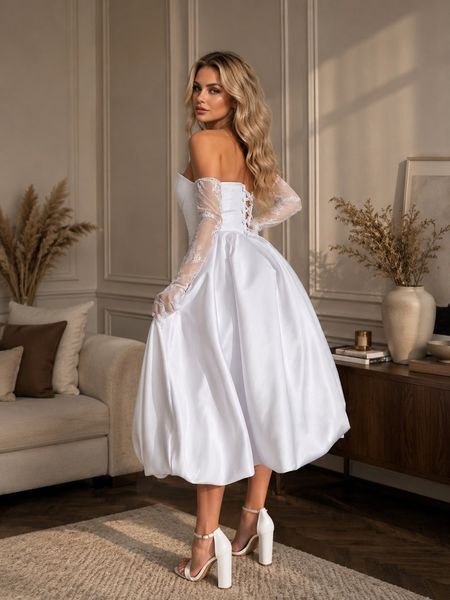 White midi dress: lace corset and satin full skirt (XS, white)