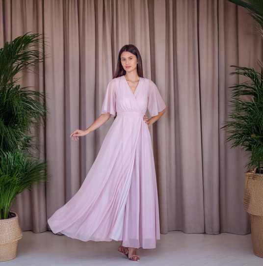 light pink chiffon dress with sleeves Elegant Flowing Pink Chiffon Long Sleeve Dress