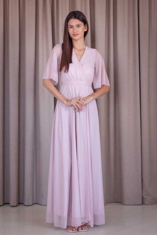light pink chiffon dress with sleeves ASOS DESIGN stretch chiffon ruched draped waist maxi dress with fluted sleeves in baby pink