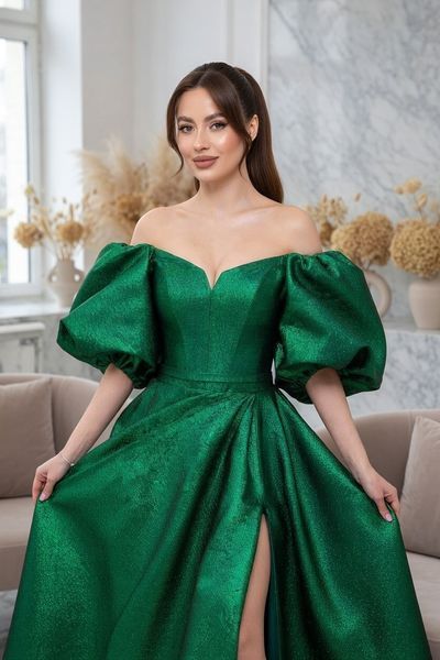 Green Off the Shoulder Prom Maxi Dress with Puff Sleeves (S/M, green)