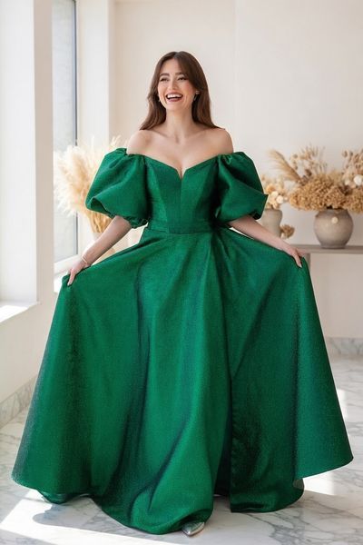 Green Off the Shoulder Prom Maxi Dress with Puff Sleeves (S/M, green)