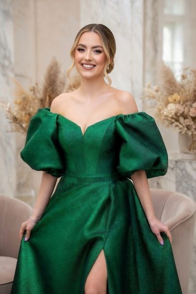 Green Off the Shoulder Prom Maxi Dress with Puff Sleeves (S/M, green)