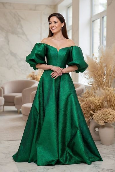 Green Off the Shoulder Prom Maxi Dress with Puff Sleeves (S/M, green)