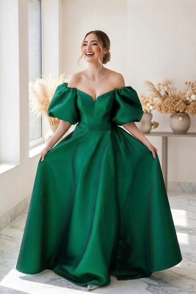 Green Off the Shoulder Prom Maxi Dress with Puff Sleeves (S/M, green)