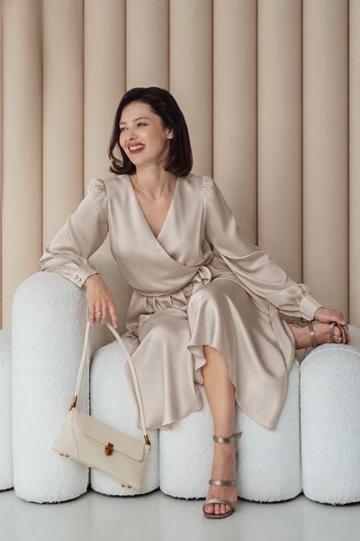 Gold Silk Midi Wrap Dress with Belt and Long Sleeves (M, gold)