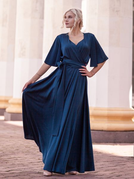 Blue silk maxi evening dress with 3/4 sleeves (XL, blue)