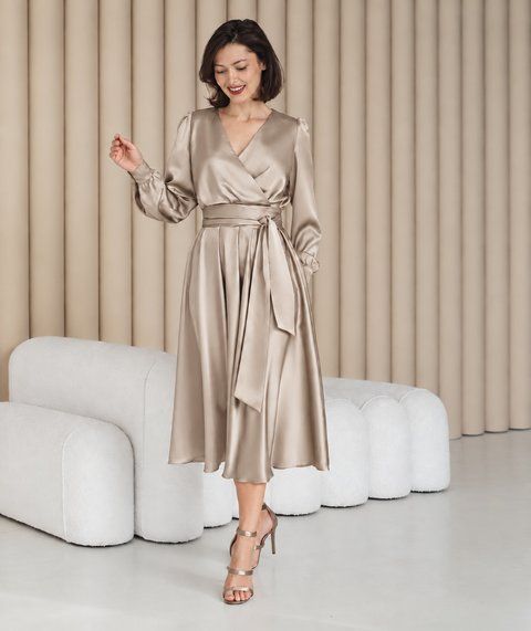 Gold Silk Midi Wrap Dress with Belt and Long Sleeves (M, gold)