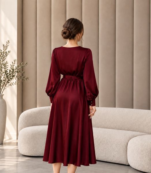 Gold Silk Midi Wrap Dress with Belt and Long Sleeves (M, gold)