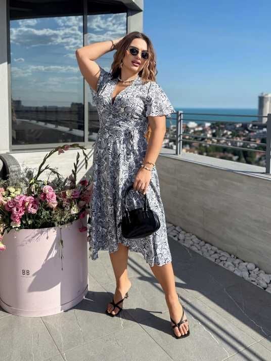 Casual Floral Cotton Wrap Summer Dress with Short Butterfly Sleeves and V-Neck (M, grey)
